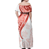 Coral Red Polynesian Tribal Turtle Floral Pattern Off Shoulder Maxi Dress