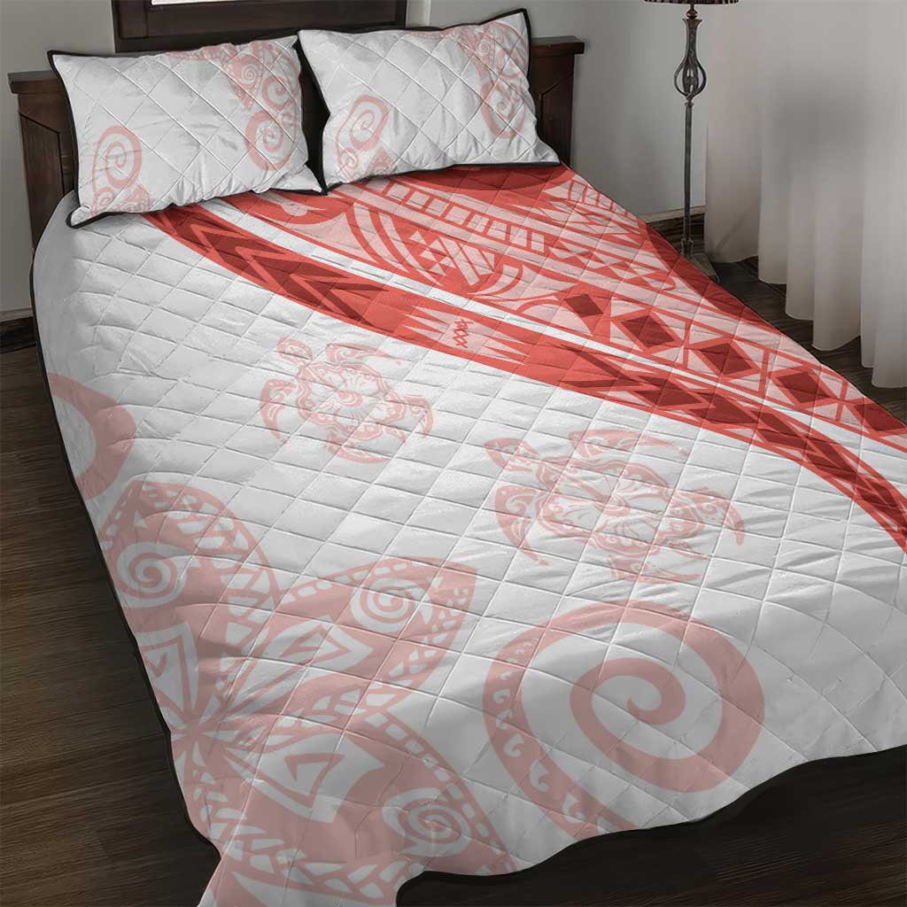 Coral Red Polynesian Tribal Turtle Floral Pattern Quilt Bed Set