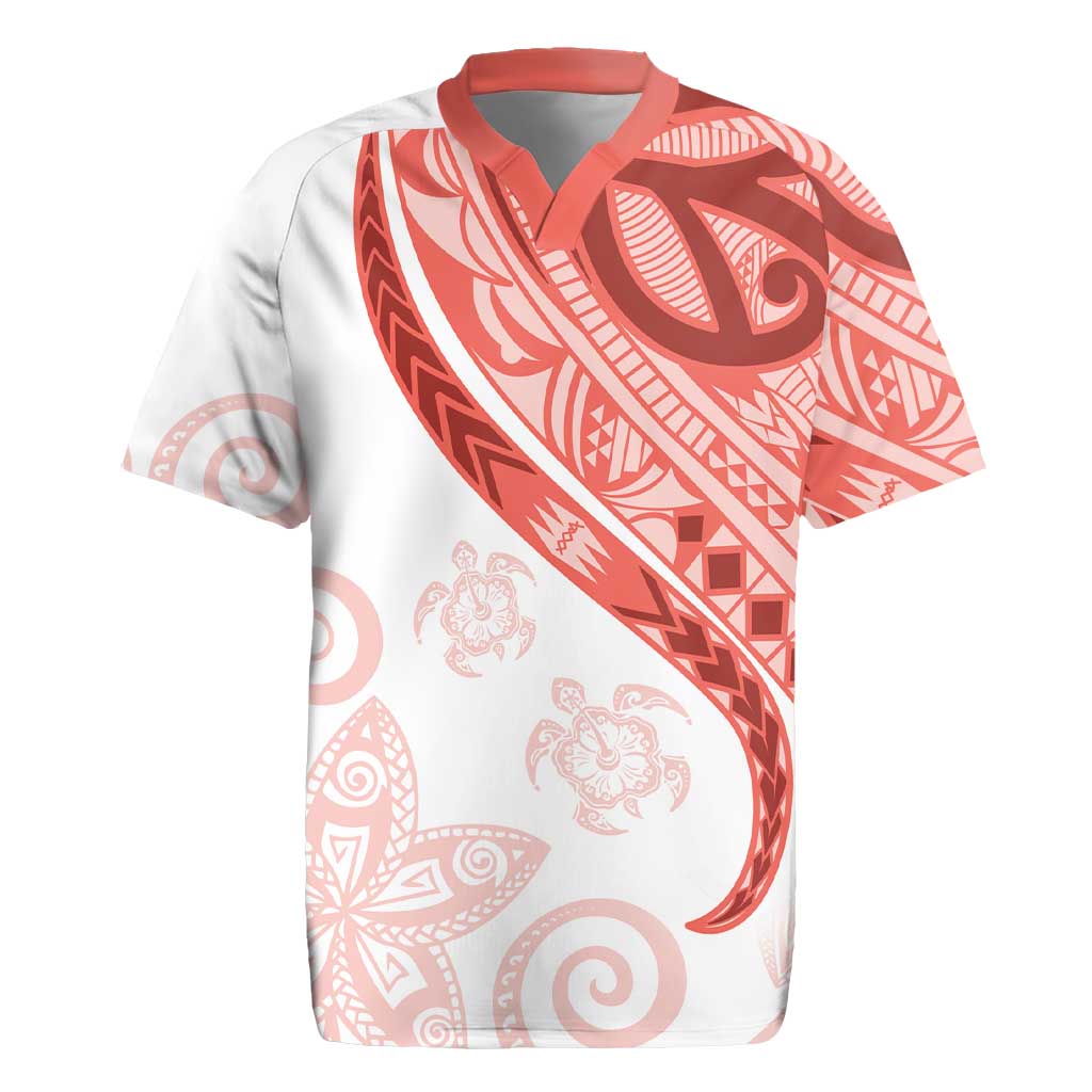 Coral Red Polynesian Tribal Turtle Floral Pattern Rugby Jersey