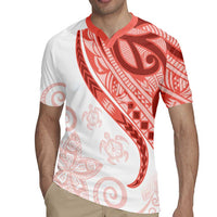 Coral Red Polynesian Tribal Turtle Floral Pattern Rugby Jersey