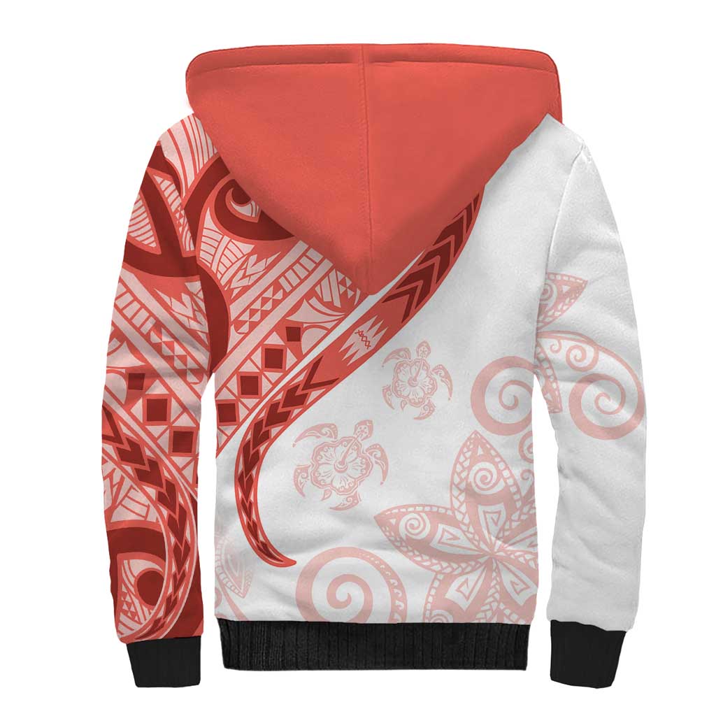 Coral Red Polynesian Tribal Turtle Floral Pattern Sherpa Hoodie