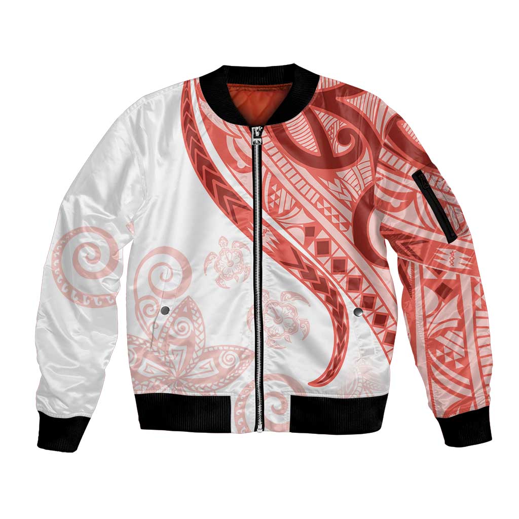 Coral Red Polynesian Tribal Turtle Floral Pattern Sleeve Zip Bomber Jacket