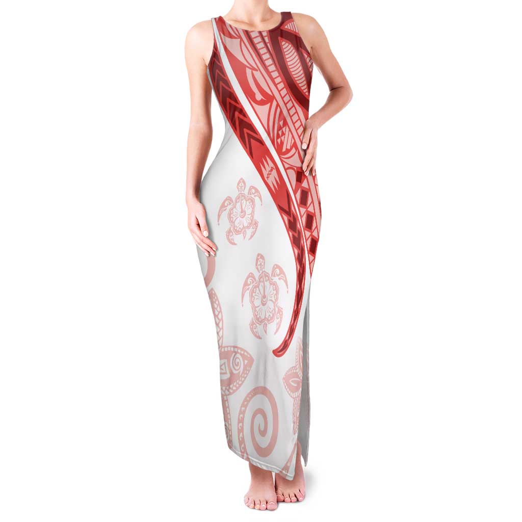 Coral Red Polynesian Tribal Turtle Floral Pattern Tank Maxi Dress