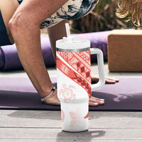 Coral Red Polynesian Tribal Turtle Floral Pattern Tumbler With Handle