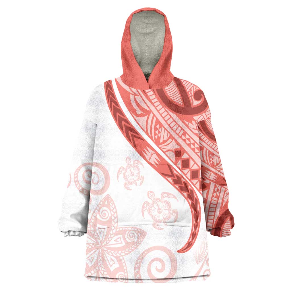 Coral Red Polynesian Tribal Turtle Floral Pattern Wearable Blanket Hoodie