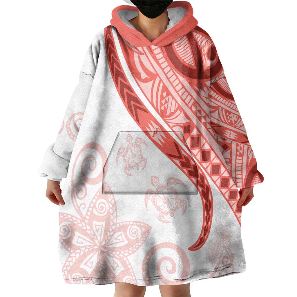 Coral Red Polynesian Tribal Turtle Floral Pattern Wearable Blanket Hoodie