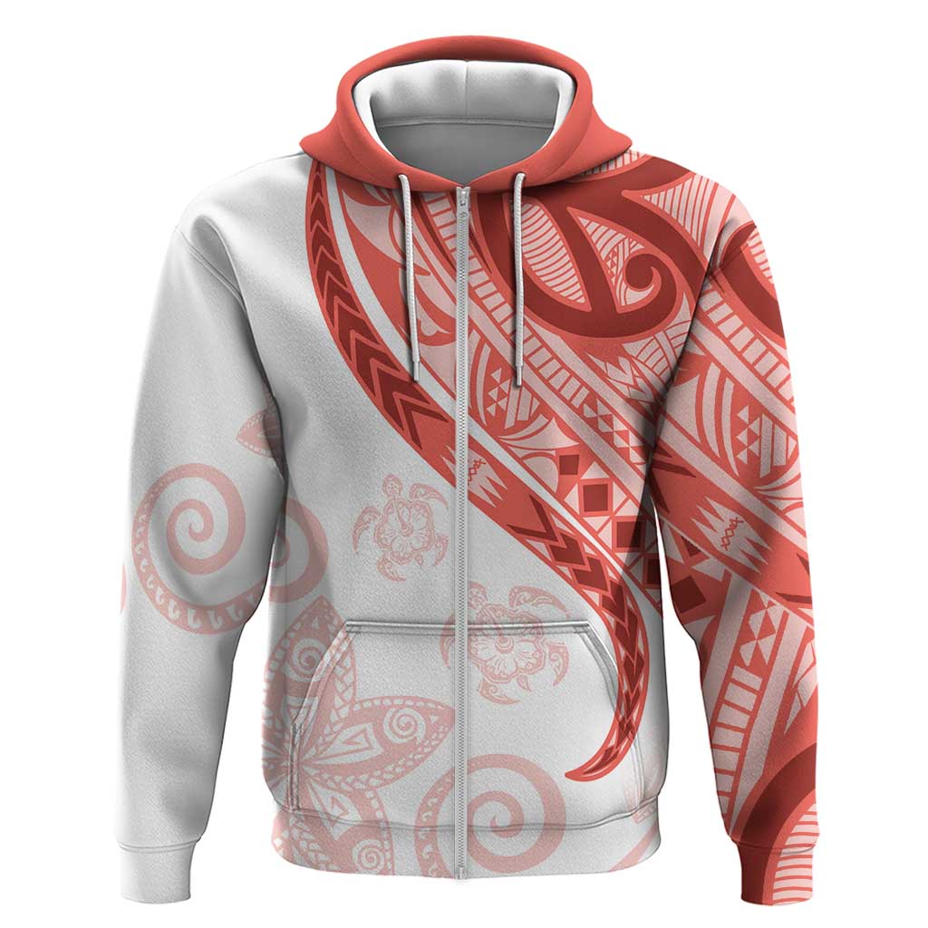 Coral Red Polynesian Tribal Turtle Floral Pattern Zip Hoodie