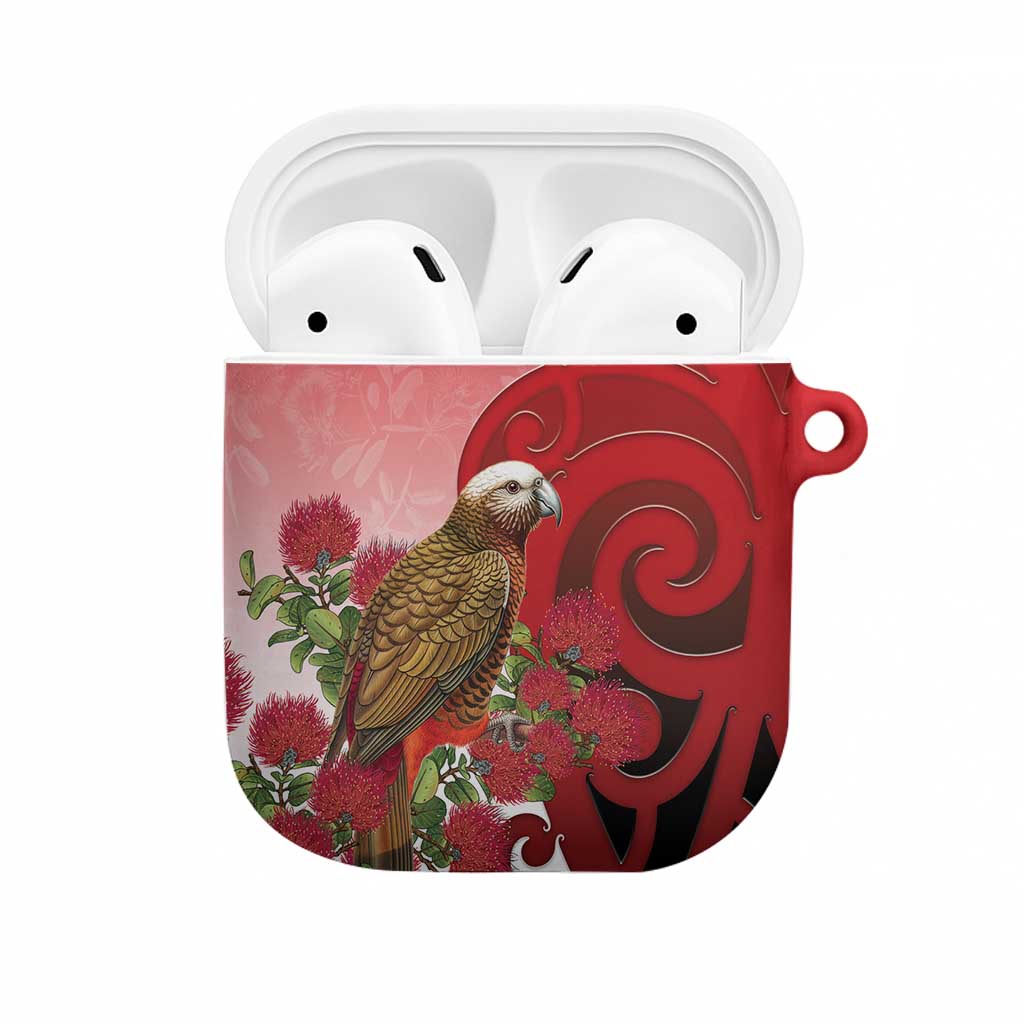 New Zealand Parrot Kaka AirPods Case Maori Koru With Pohutukawa Flowers LT05 Red - Polynesian Pride