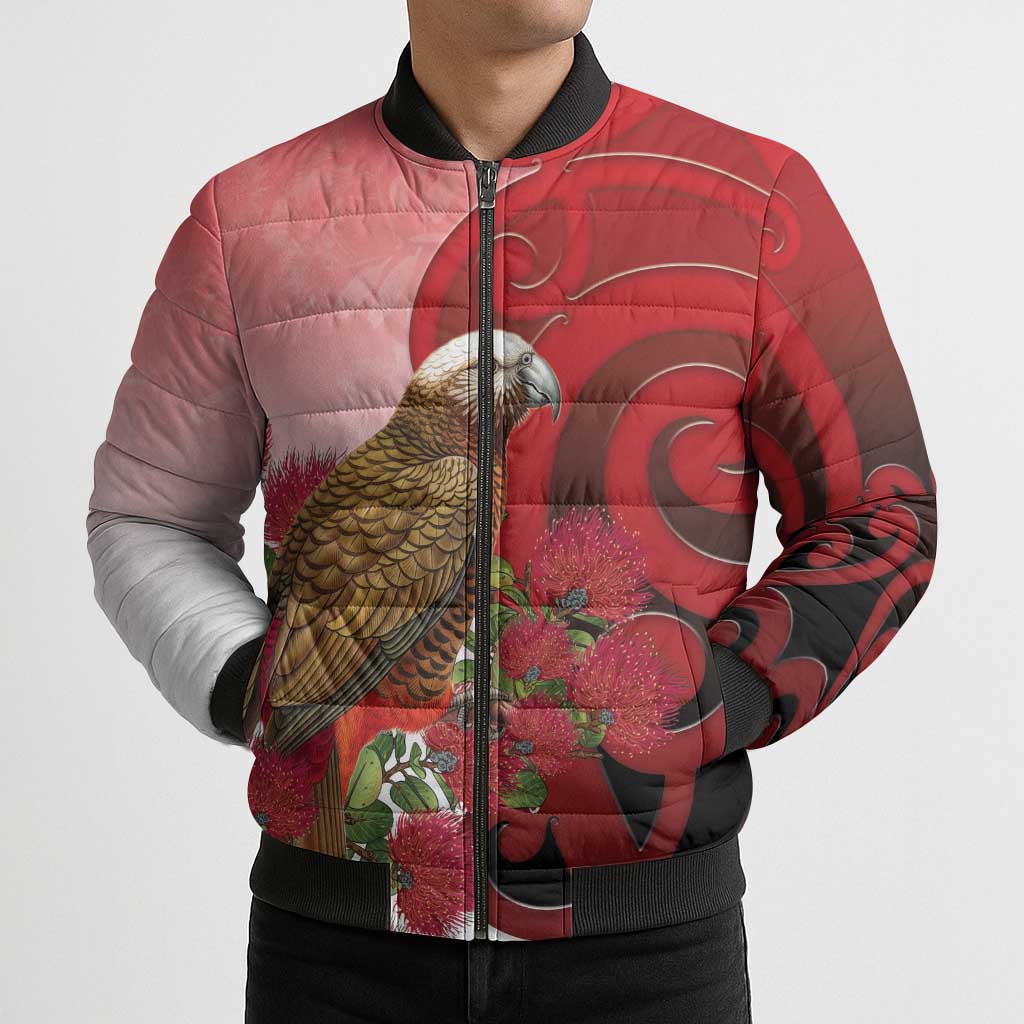 New Zealand Parrot Kaka Bomber Puffer Jacket Maori Koru With Pohutukawa Flowers - Polynesian Pride