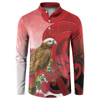 New Zealand Parrot Kaka Button Sweatshirt Maori Koru With Pohutukawa Flowers - Polynesian Pride