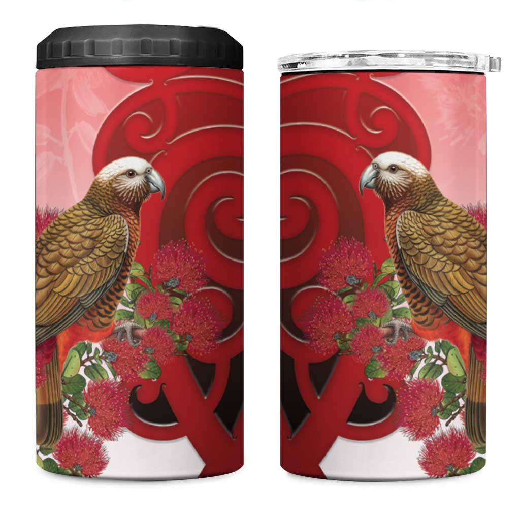 New Zealand Parrot Kaka 4 in 1 Can Cooler Tumbler Maori Koru With Pohutukawa Flowers LT05 One Size: 16 oz Red - Polynesian Pride