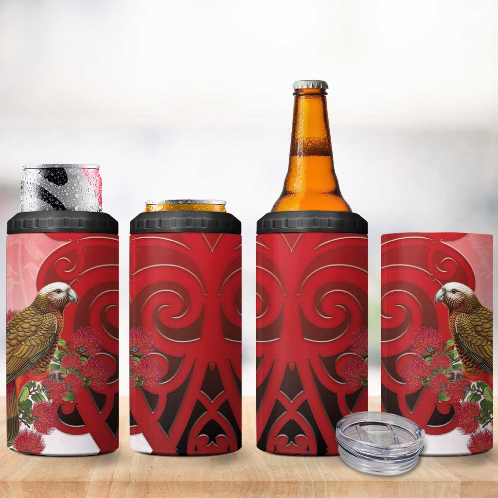 New Zealand Parrot Kaka 4 in 1 Can Cooler Tumbler Maori Koru With Pohutukawa Flowers LT05 - Polynesian Pride