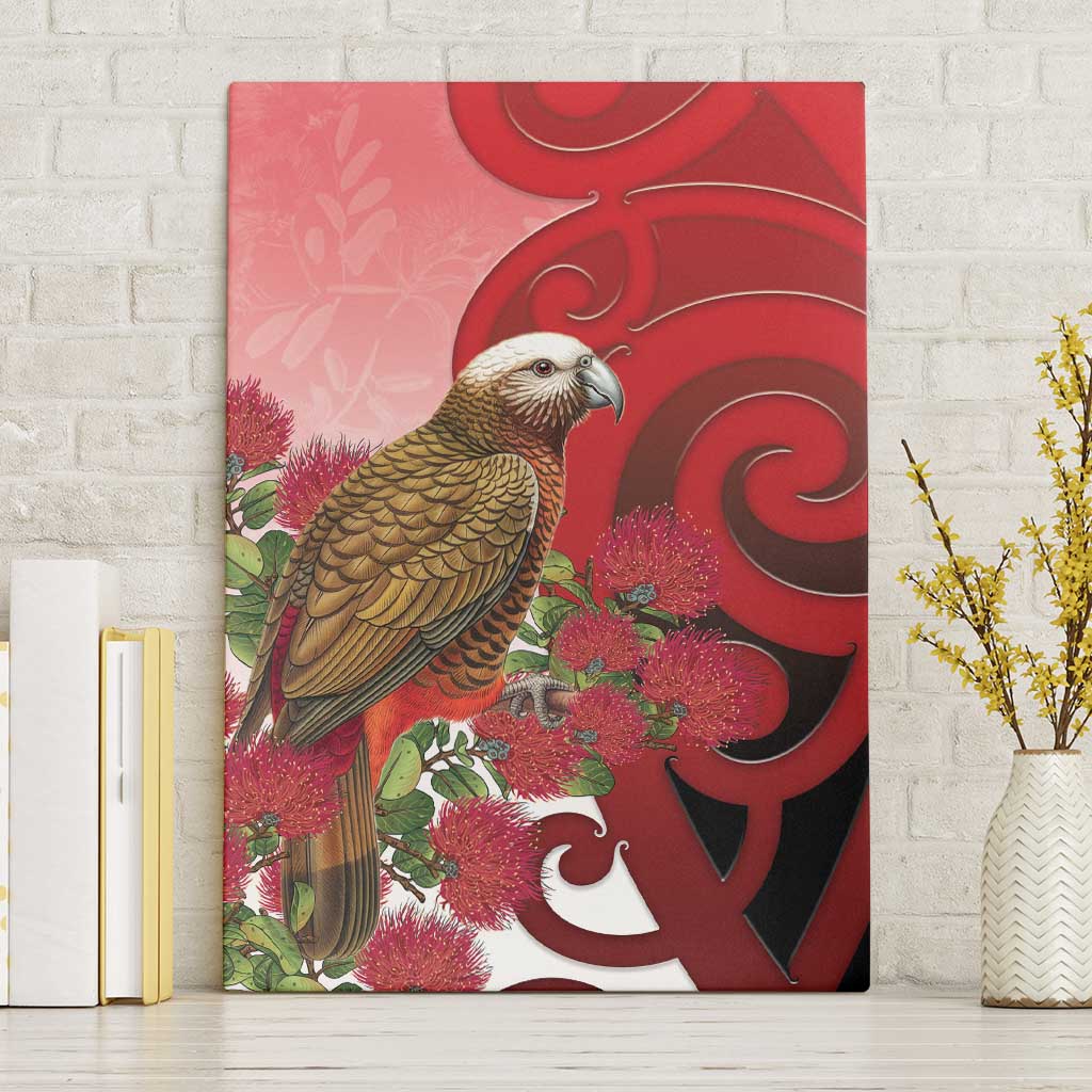 New Zealand Parrot Kaka Canvas Wall Art Maori Koru With Pohutukawa Flowers - Polynesian Pride
