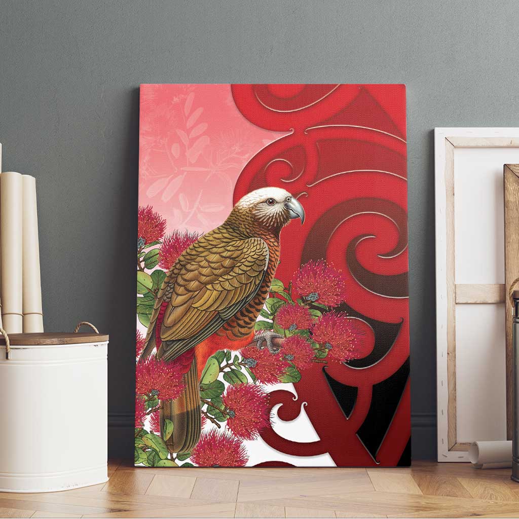 New Zealand Parrot Kaka Canvas Wall Art Maori Koru With Pohutukawa Flowers - Polynesian Pride