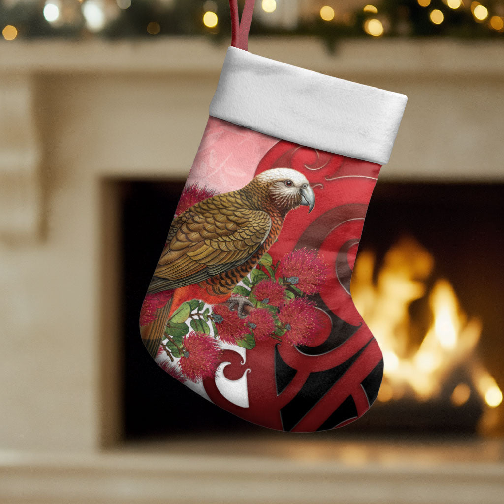 New Zealand Parrot Kaka Christmas Stocking Maori Koru With Pohutukawa Flowers LT05 Set of 2 Red - Polynesian Pride
