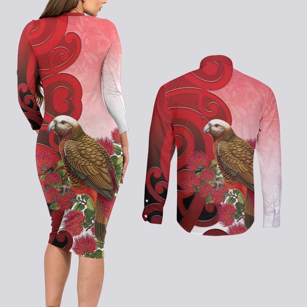 New Zealand Parrot Kaka Couples Matching Long Sleeve Bodycon Dress and Long Sleeve Button Shirt Maori Koru With Pohutukawa Flowers LT05 - Polynesian Pride