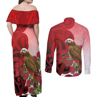 New Zealand Parrot Kaka Couples Matching Off Shoulder Maxi Dress and Long Sleeve Button Shirt Maori Koru With Pohutukawa Flowers LT05 - Polynesian Pride