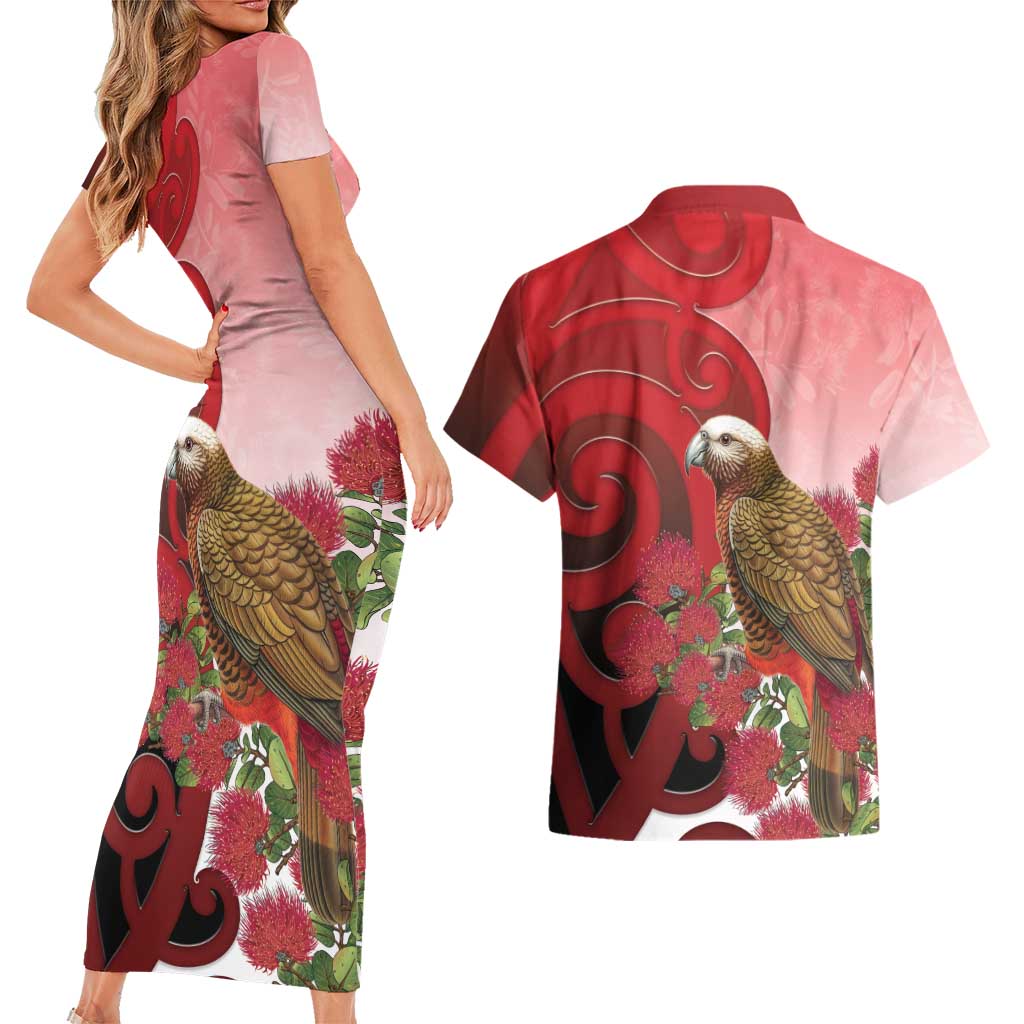 New Zealand Parrot Kaka Couples Matching Short Sleeve Bodycon Dress and Hawaiian Shirt Maori Koru With Pohutukawa Flowers LT05 - Polynesian Pride