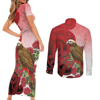 New Zealand Parrot Kaka Couples Matching Short Sleeve Bodycon Dress and Long Sleeve Button Shirt Maori Koru With Pohutukawa Flowers LT05 - Polynesian Pride