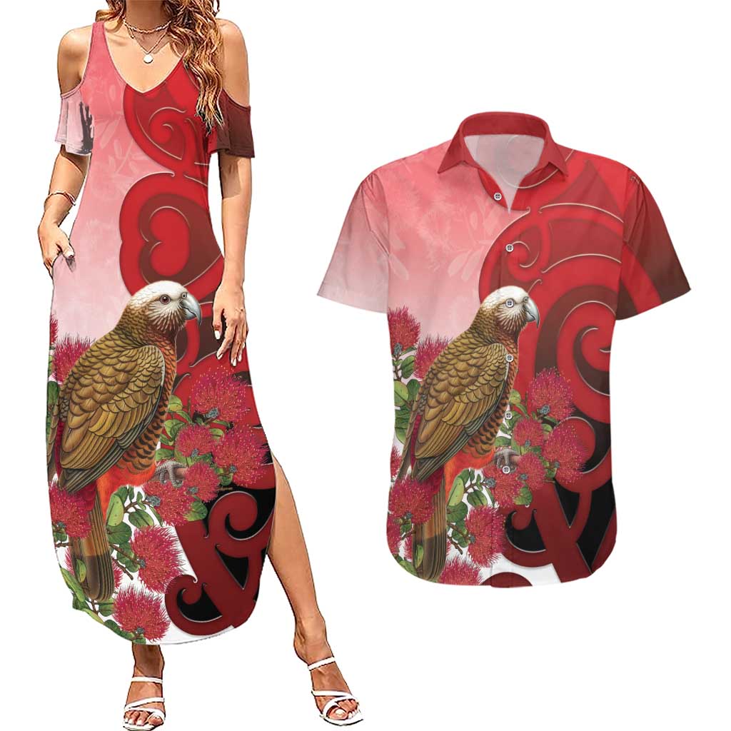 New Zealand Parrot Kaka Couples Matching Summer Maxi Dress and Hawaiian Shirt Maori Koru With Pohutukawa Flowers - Polynesian Pride