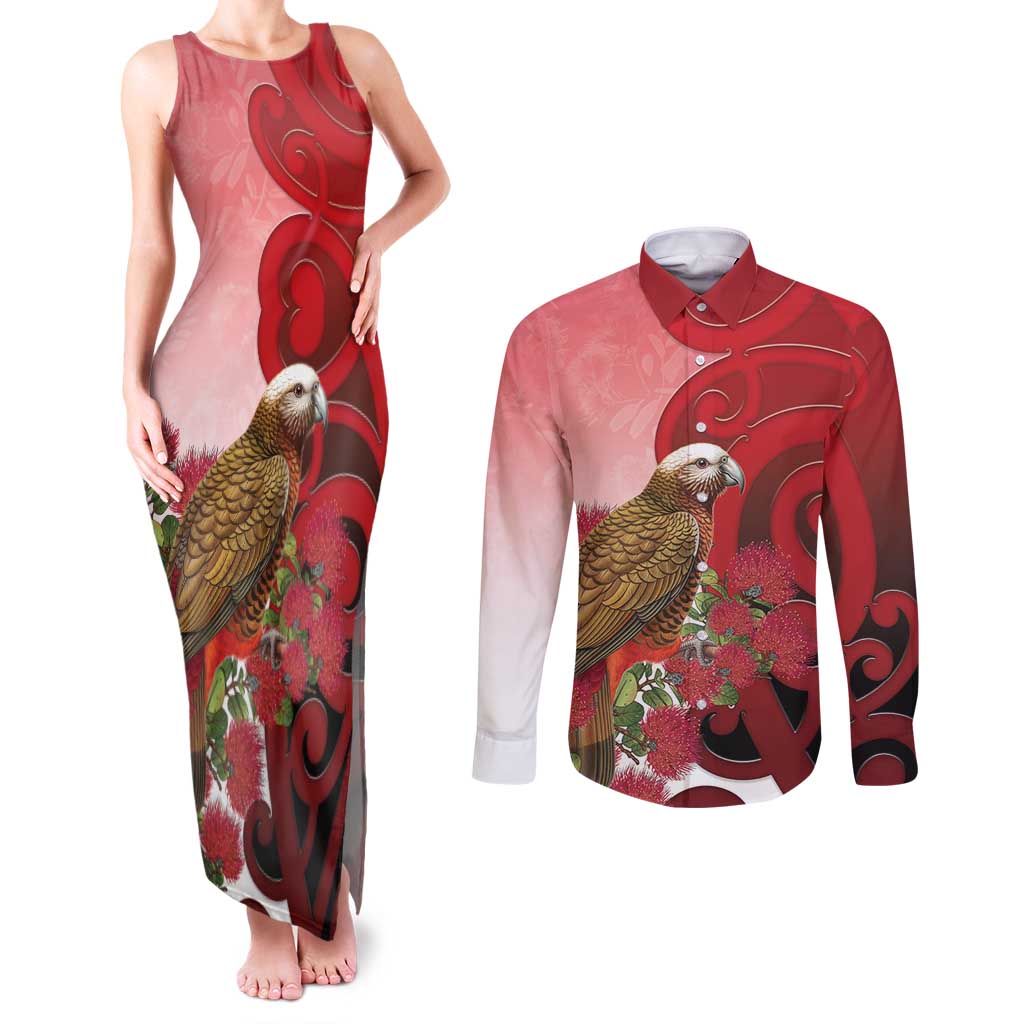 New Zealand Parrot Kaka Couples Matching Tank Maxi Dress and Long Sleeve Button Shirt Maori Koru With Pohutukawa Flowers - Polynesian Pride