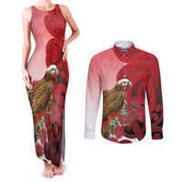 New Zealand Parrot Kaka Couples Matching Tank Maxi Dress and Long Sleeve Button Shirt Maori Koru With Pohutukawa Flowers LT05 Red - Polynesian Pride