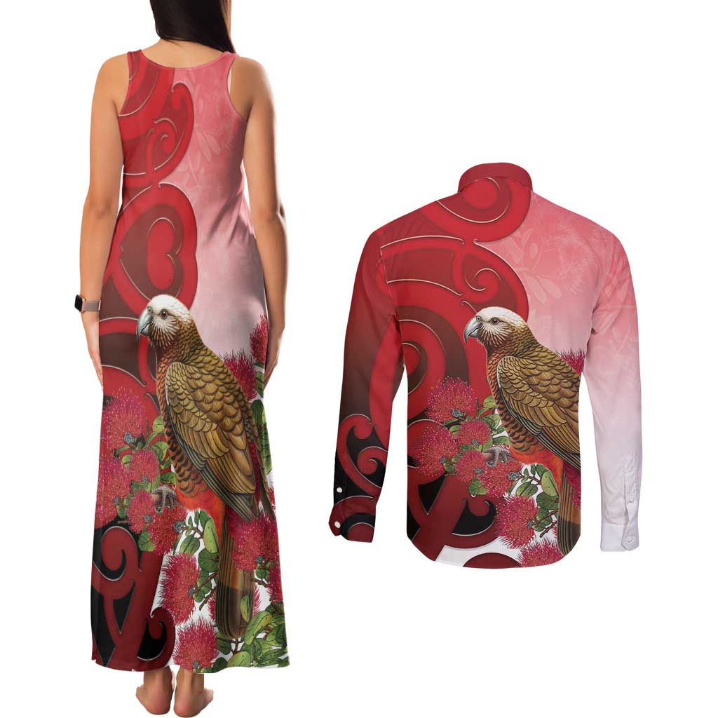 New Zealand Parrot Kaka Couples Matching Tank Maxi Dress and Long Sleeve Button Shirt Maori Koru With Pohutukawa Flowers LT05 - Polynesian Pride