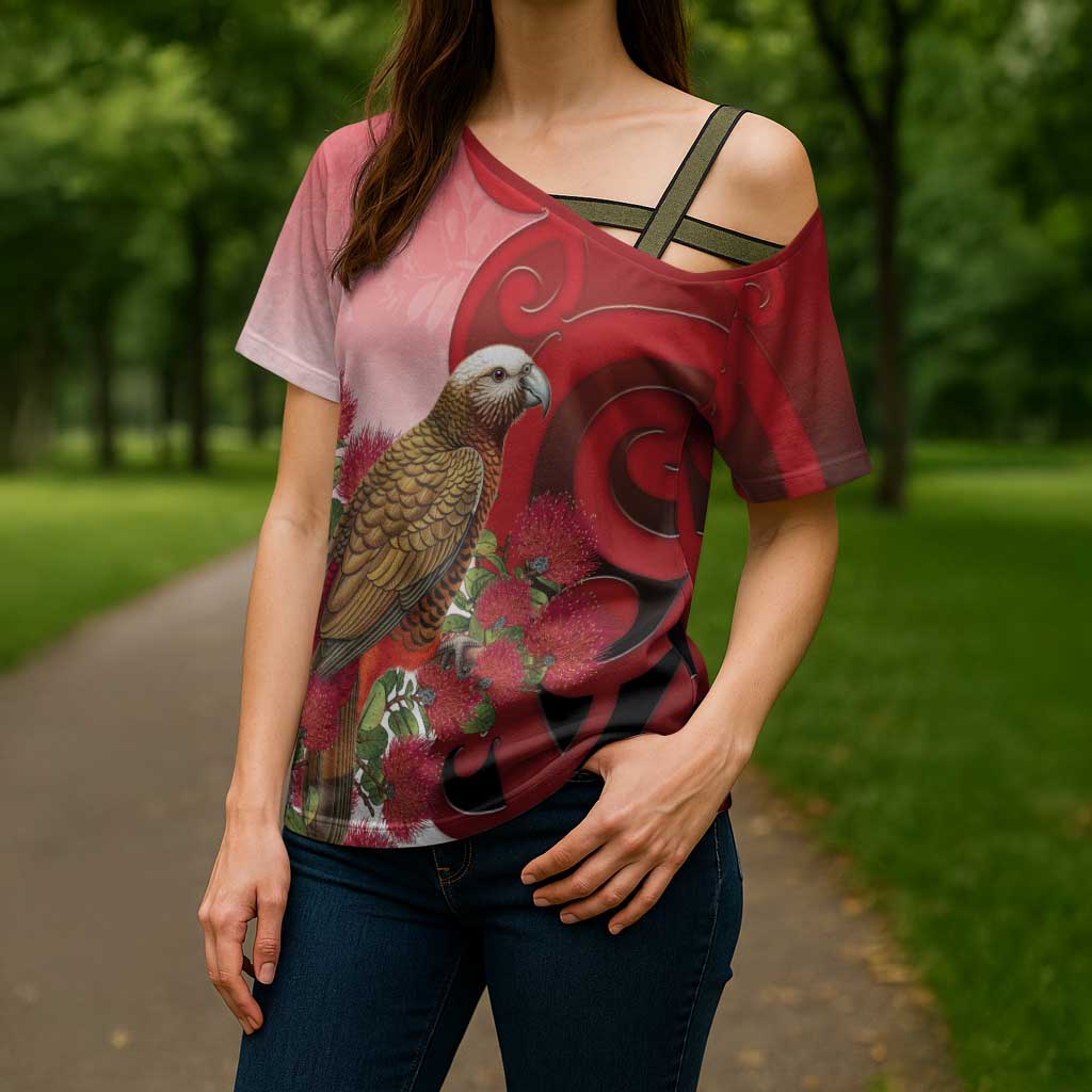 New Zealand Parrot Kaka Cross Shoulder Shirt Maori Koru With Pohutukawa Flowers - Polynesian Pride