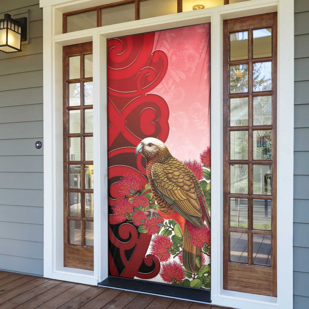 New Zealand Parrot Kaka Door Cover Maori Koru With Pohutukawa Flowers - Polynesian Pride