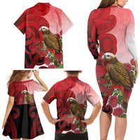 New Zealand Parrot Kaka Family Matching Long Sleeve Bodycon Dress and Hawaiian Shirt Maori Koru With Pohutukawa Flowers LT05 - Polynesian Pride