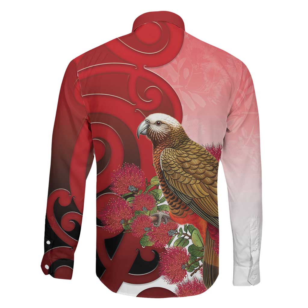 New Zealand Parrot Kaka Family Matching Long Sleeve Bodycon Dress and Hawaiian Shirt Maori Koru With Pohutukawa Flowers LT05 - Polynesian Pride