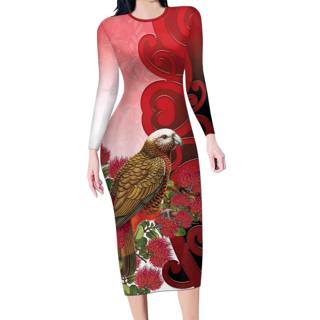 New Zealand Parrot Kaka Family Matching Long Sleeve Bodycon Dress and Hawaiian Shirt Maori Koru With Pohutukawa Flowers LT05 Mom's Dress Red - Polynesian Pride