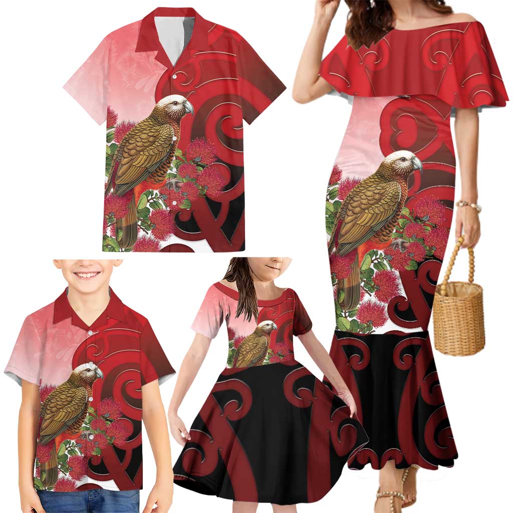 New Zealand Parrot Kaka Family Matching Mermaid Dress and Hawaiian Shirt Maori Koru With Pohutukawa Flowers LT05 - Polynesian Pride