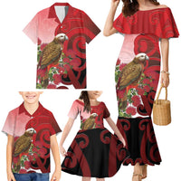 New Zealand Parrot Kaka Family Matching Mermaid Dress and Hawaiian Shirt Maori Koru With Pohutukawa Flowers LT05 - Polynesian Pride