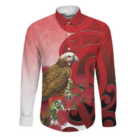New Zealand Parrot Kaka Family Matching Mermaid Dress and Hawaiian Shirt Maori Koru With Pohutukawa Flowers LT05 Dad's Shirt - Long Sleeve Red - Polynesian Pride