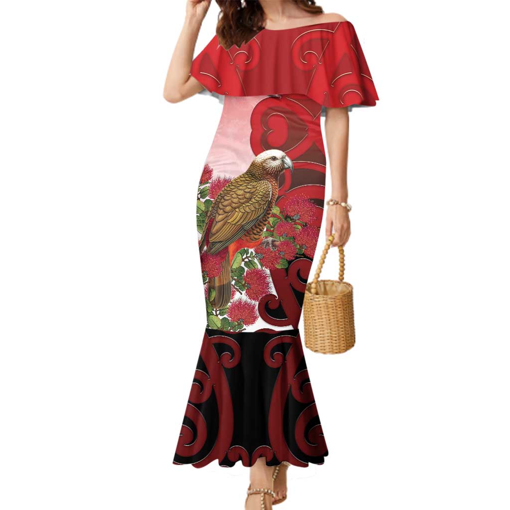 New Zealand Parrot Kaka Family Matching Mermaid Dress and Hawaiian Shirt Maori Koru With Pohutukawa Flowers LT05 Mom's Dress Red - Polynesian Pride