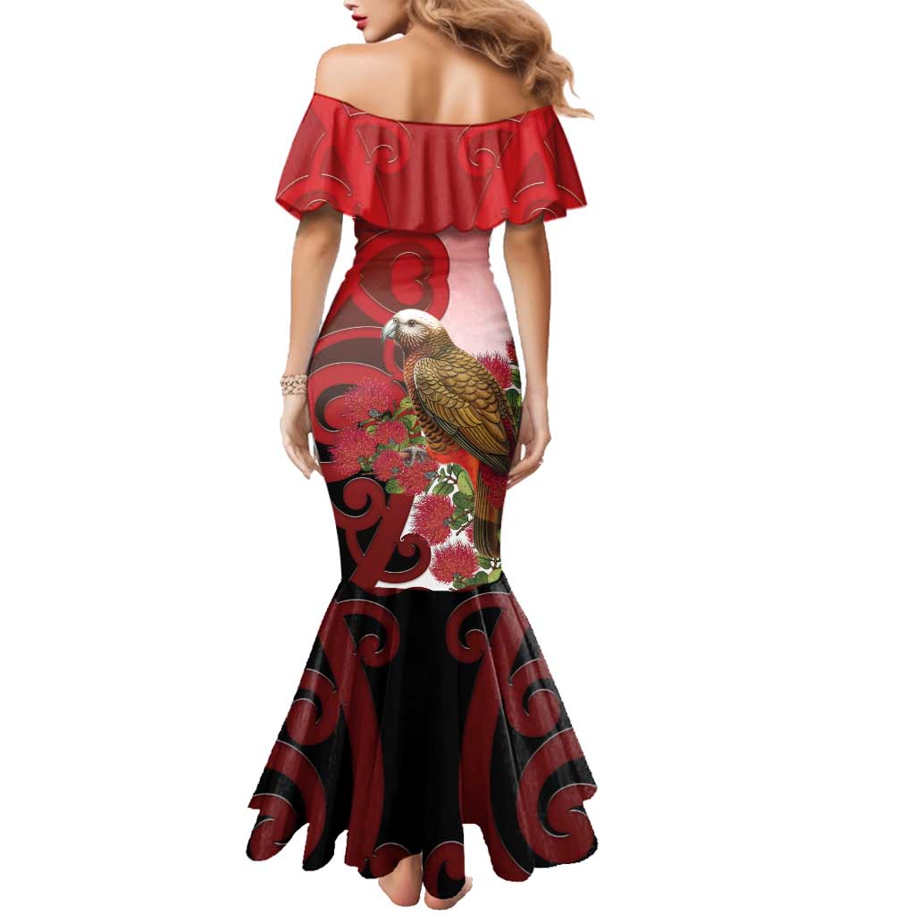 New Zealand Parrot Kaka Family Matching Mermaid Dress and Hawaiian Shirt Maori Koru With Pohutukawa Flowers LT05 - Polynesian Pride