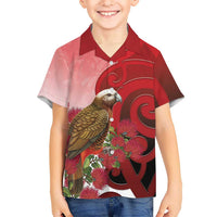 New Zealand Parrot Kaka Family Matching Mermaid Dress and Hawaiian Shirt Maori Koru With Pohutukawa Flowers LT05 Son's Shirt Red - Polynesian Pride