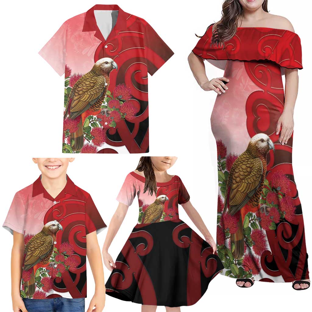 New Zealand Parrot Kaka Family Matching Off Shoulder Maxi Dress and Hawaiian Shirt Maori Koru With Pohutukawa Flowers - Polynesian Pride