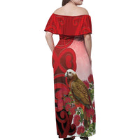 New Zealand Parrot Kaka Family Matching Off Shoulder Maxi Dress and Hawaiian Shirt Maori Koru With Pohutukawa Flowers LT05 - Polynesian Pride