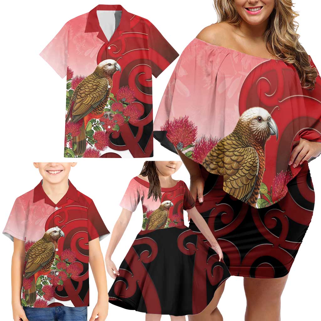 New Zealand Parrot Kaka Family Matching Off Shoulder Short Dress and Hawaiian Shirt Maori Koru With Pohutukawa Flowers - Polynesian Pride