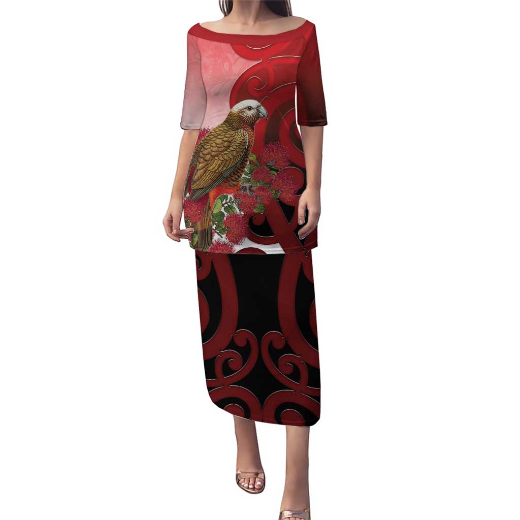New Zealand Parrot Kaka Family Matching Puletasi and Hawaiian Shirt Maori Koru With Pohutukawa Flowers LT05 Mom's Dress Red - Polynesian Pride