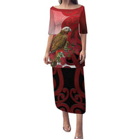 New Zealand Parrot Kaka Family Matching Puletasi and Hawaiian Shirt Maori Koru With Pohutukawa Flowers LT05 Mom's Dress Red - Polynesian Pride