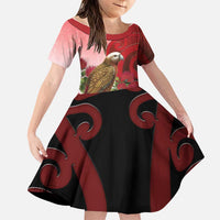 New Zealand Parrot Kaka Family Matching Short Sleeve Bodycon Dress and Hawaiian Shirt Maori Koru With Pohutukawa Flowers LT05 Daughter's Dress Red - Polynesian Pride