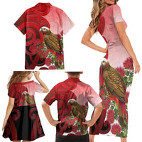 New Zealand Parrot Kaka Family Matching Short Sleeve Bodycon Dress and Hawaiian Shirt Maori Koru With Pohutukawa Flowers LT05 - Polynesian Pride