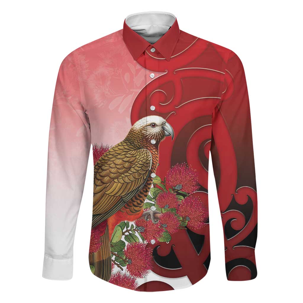 New Zealand Parrot Kaka Family Matching Short Sleeve Bodycon Dress and Hawaiian Shirt Maori Koru With Pohutukawa Flowers LT05 Dad's Shirt - Long Sleeve Red - Polynesian Pride