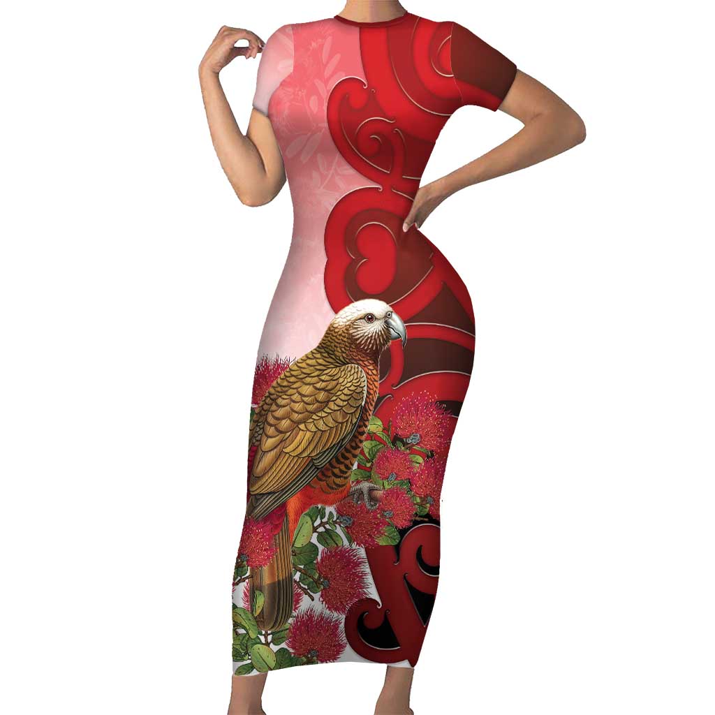 New Zealand Parrot Kaka Family Matching Short Sleeve Bodycon Dress and Hawaiian Shirt Maori Koru With Pohutukawa Flowers LT05 Mom's Dress Red - Polynesian Pride