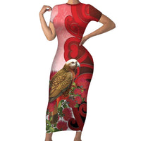 New Zealand Parrot Kaka Family Matching Short Sleeve Bodycon Dress and Hawaiian Shirt Maori Koru With Pohutukawa Flowers LT05 Mom's Dress Red - Polynesian Pride