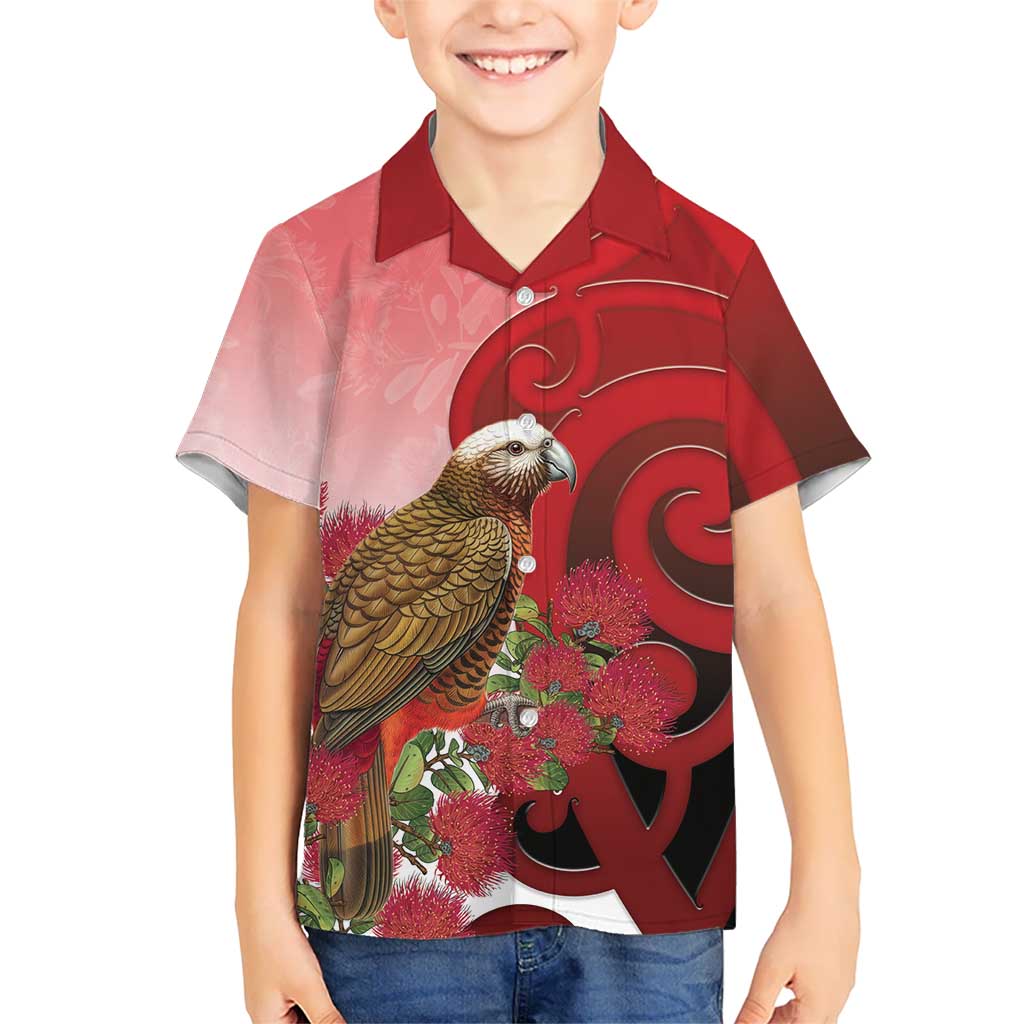 New Zealand Parrot Kaka Family Matching Short Sleeve Bodycon Dress and Hawaiian Shirt Maori Koru With Pohutukawa Flowers LT05 Son's Shirt Red - Polynesian Pride