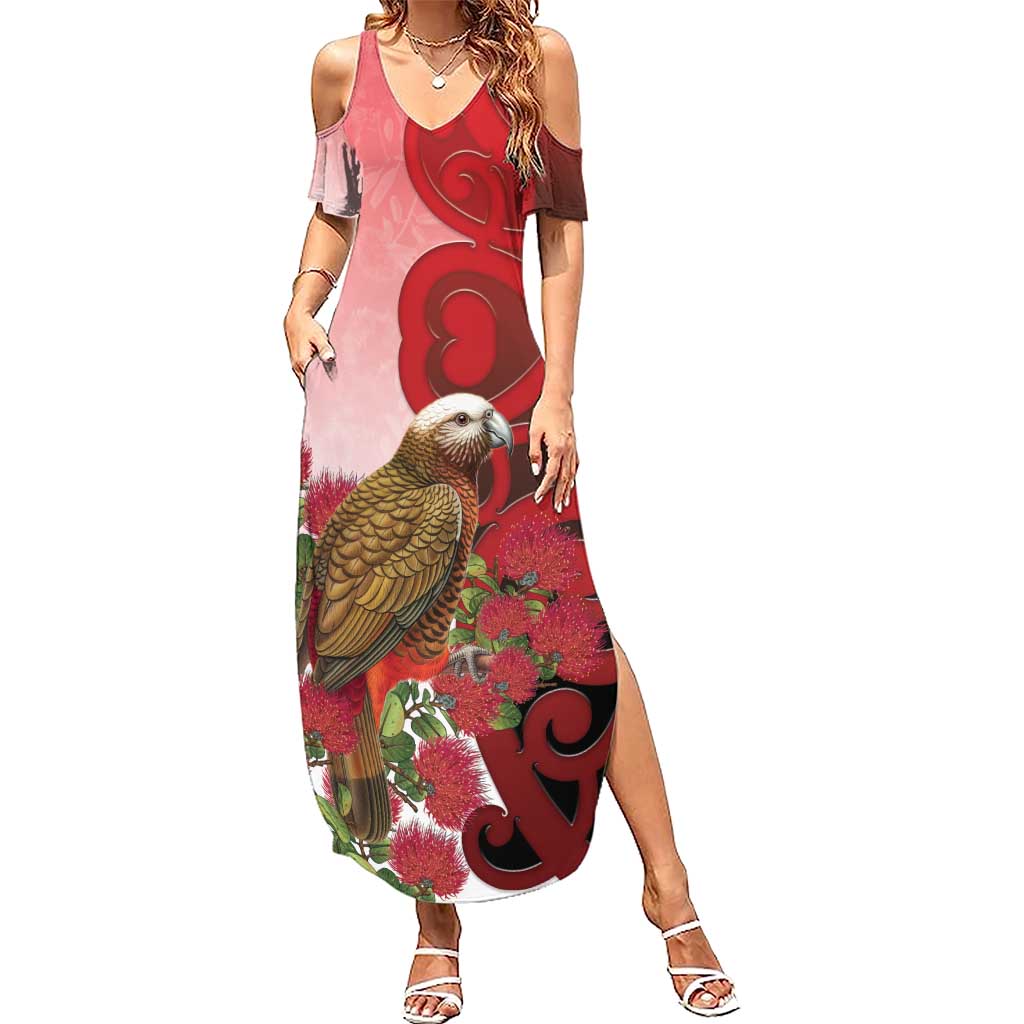 New Zealand Parrot Kaka Family Matching Summer Maxi Dress and Hawaiian Shirt Maori Koru With Pohutukawa Flowers LT05 Mom's Dress Red - Polynesian Pride
